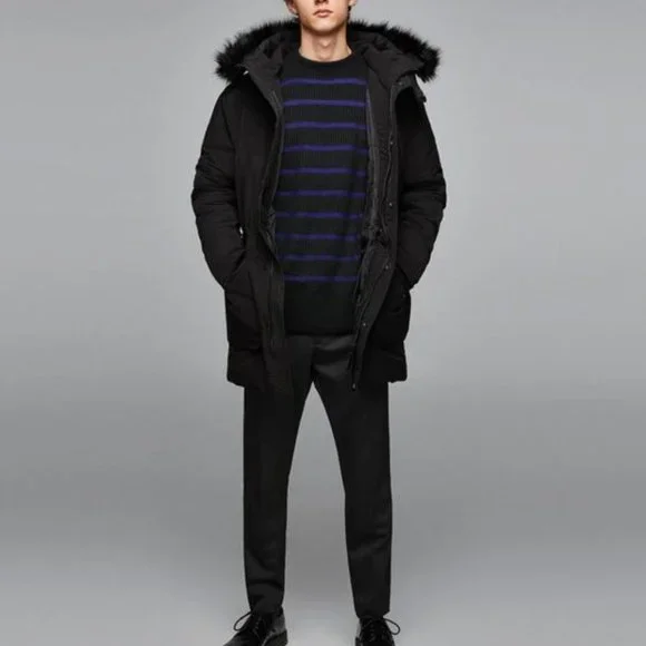 Zara MAN Long Quilted Coat With Faux Fur Hood - Picture 2 of 12